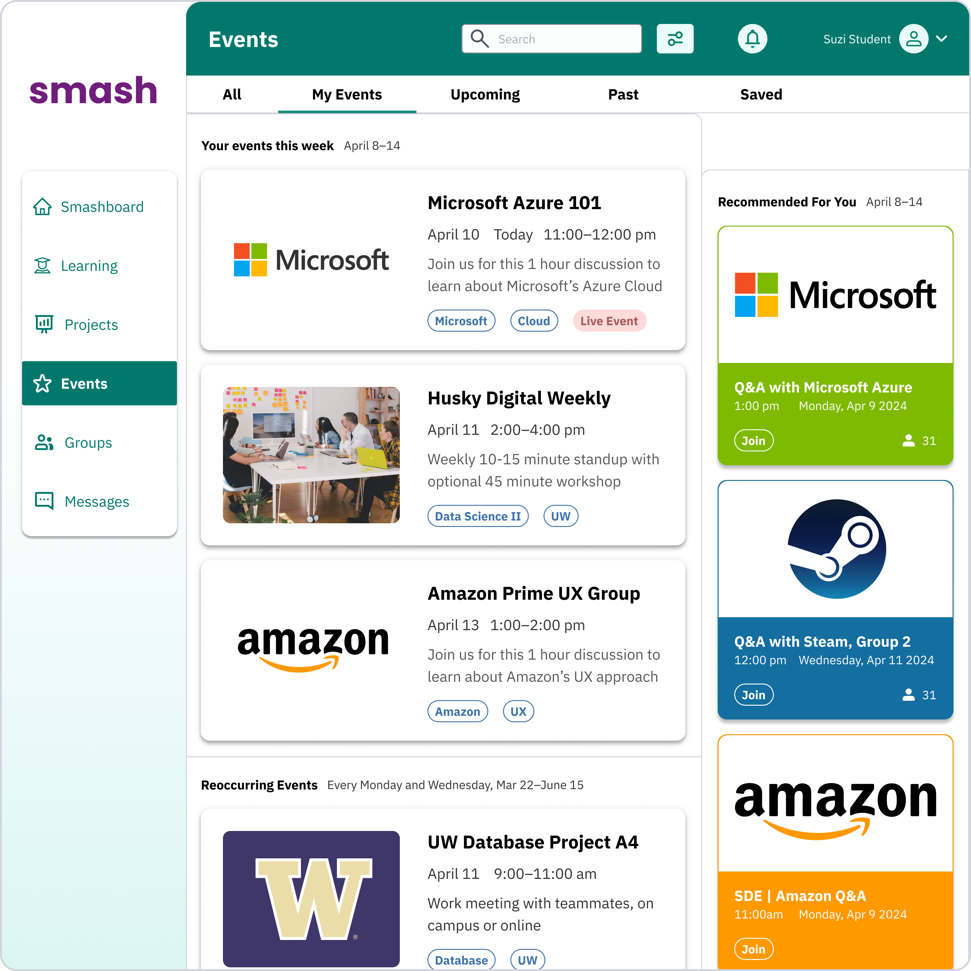 Final shipped Open edX events page showing a card grid of corporate events including Microsoft and Amazon