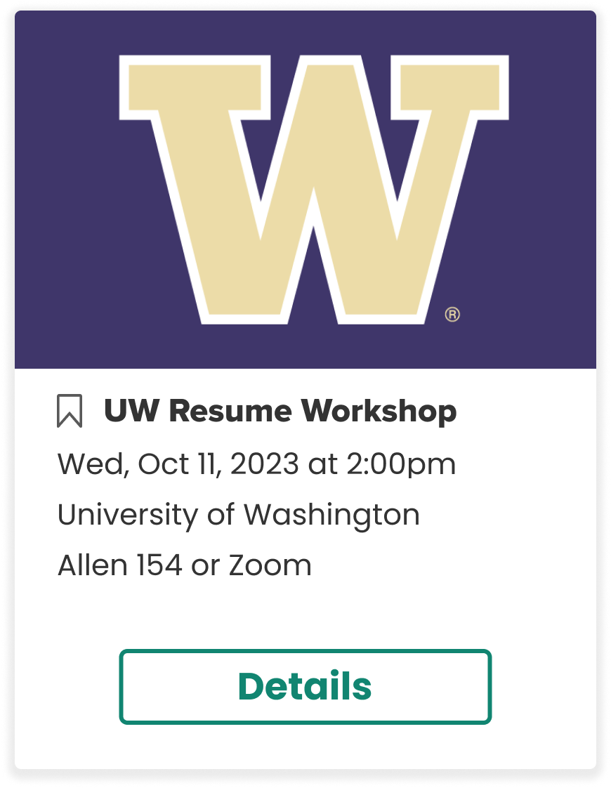 Custom-build event card, 2023: full-bleed UW banner logo, stacked location lines, full-width teal Details button