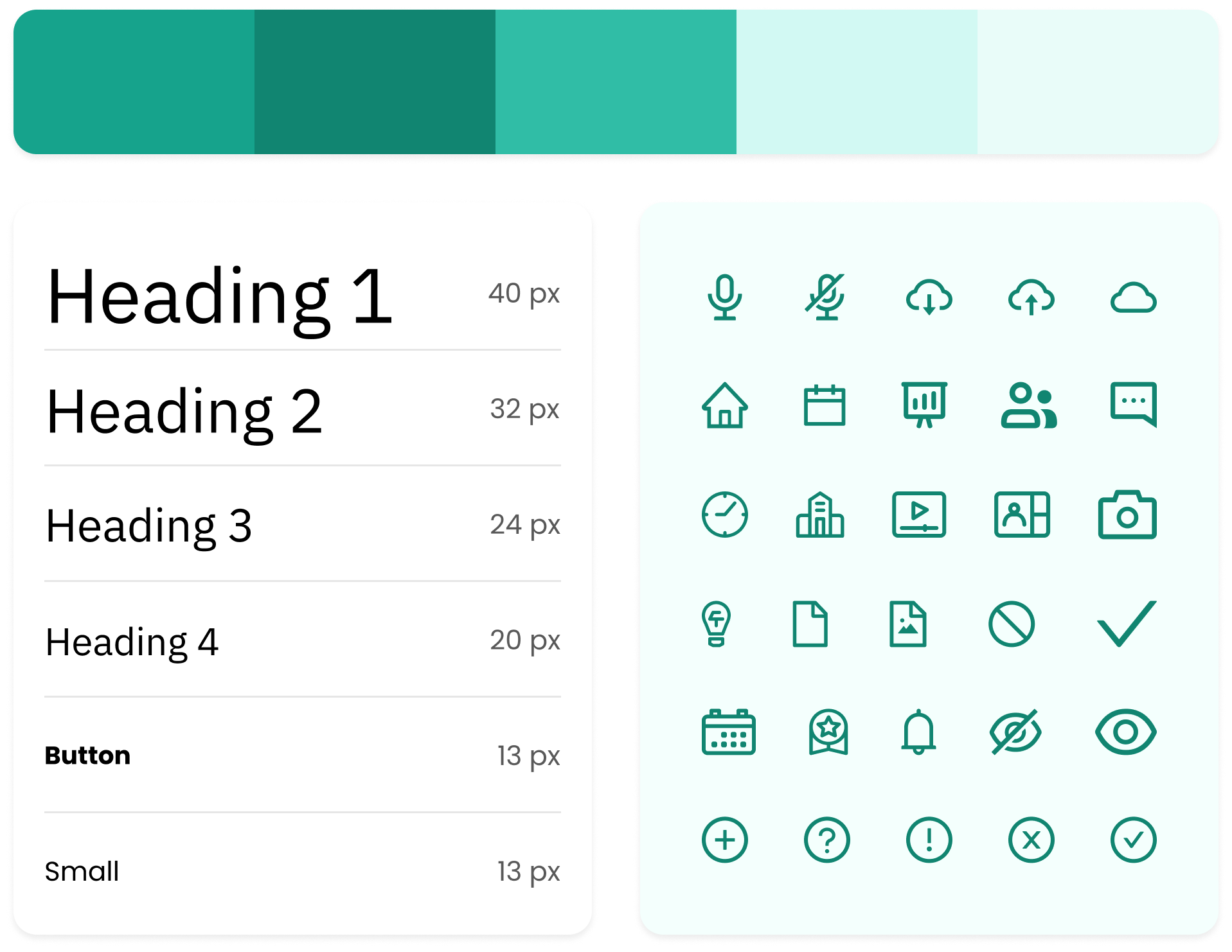 Design system primitives: the teal primary color scale, the type scale from Heading 1 down to Small with pixel sizes, and the icon set