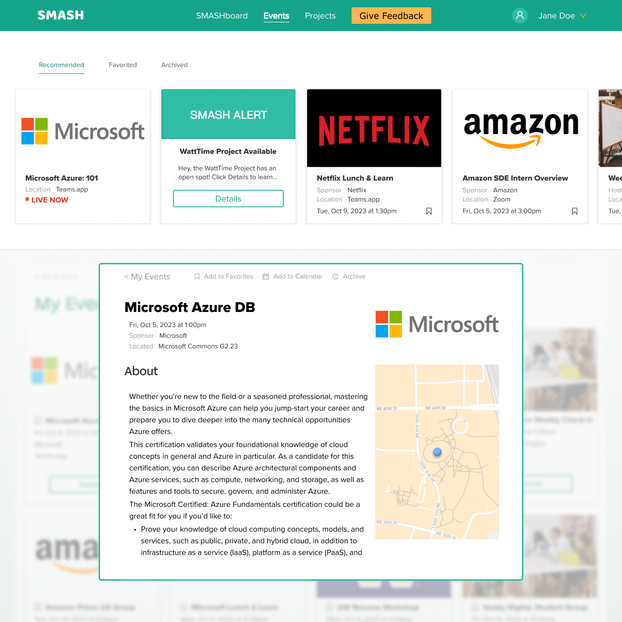 First redesign events page showing a card grid of events with a popup detail overlay for Microsoft Azure 101, blurred background behind the card