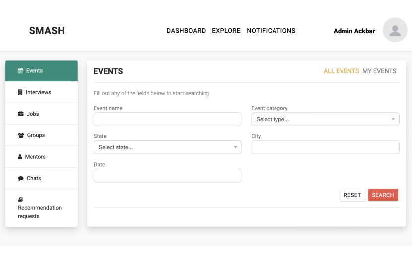 Original Smash events page showing a blank search form with fields for event name, category, state, city, and date — no results visible